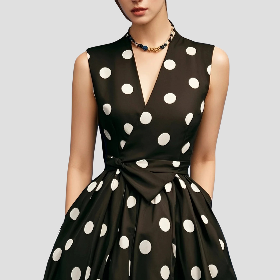 Women’s Polka Dot Midi Dress – Wrap Front, Tie Waist, Sleeveless
