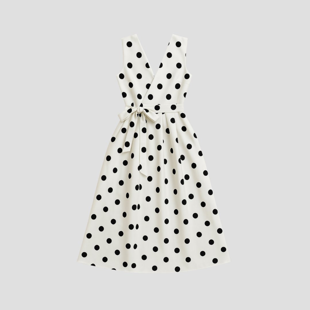 Women’s Polka Dot Midi Dress – Wrap Front, Tie Waist, Sleeveless