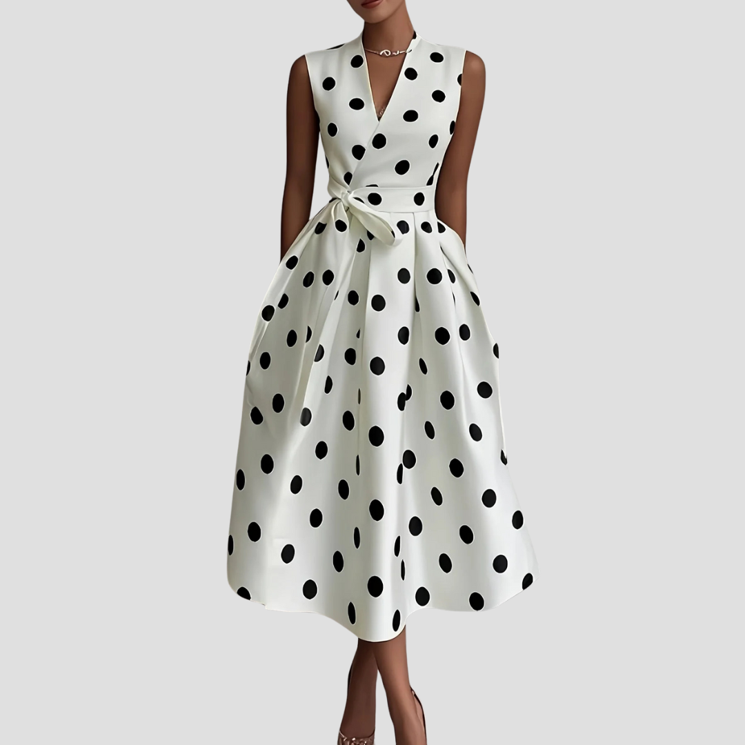 Women’s Polka Dot Midi Dress – Wrap Front, Tie Waist, Sleeveless