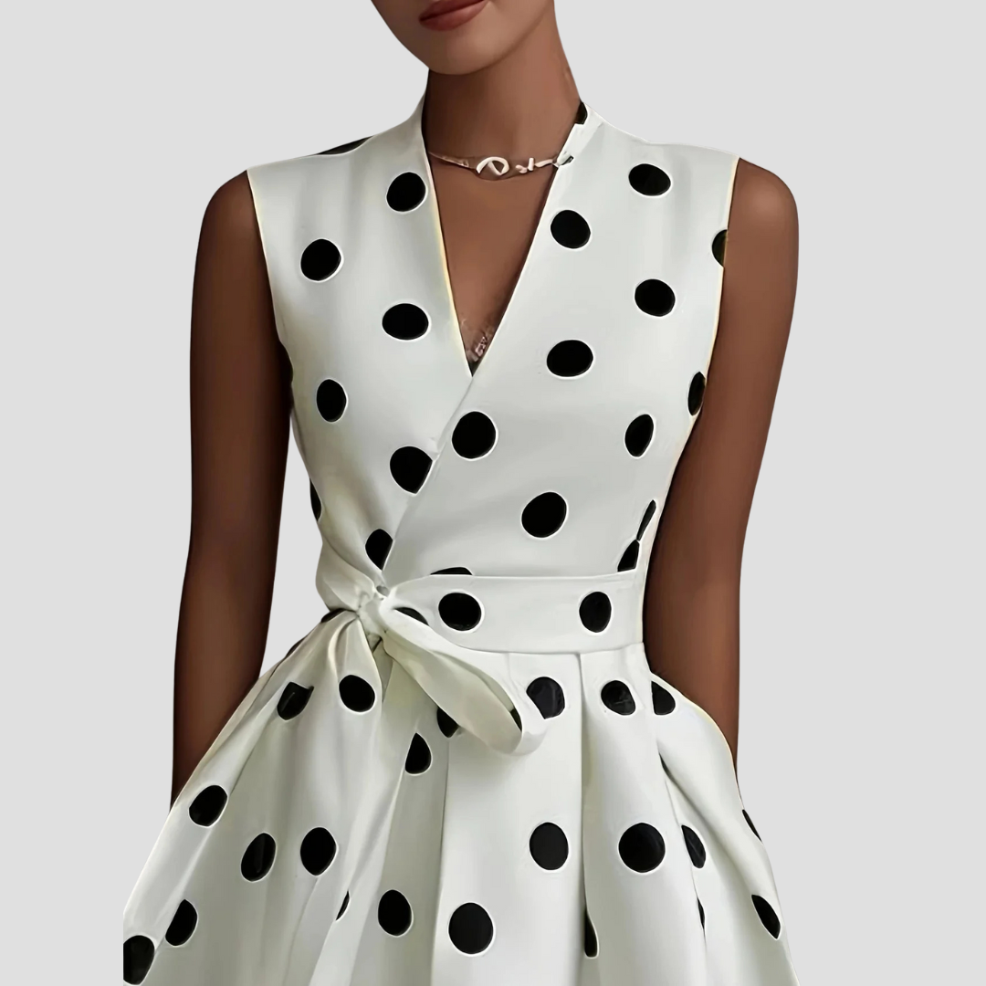 Women’s Polka Dot Midi Dress – Wrap Front, Tie Waist, Sleeveless