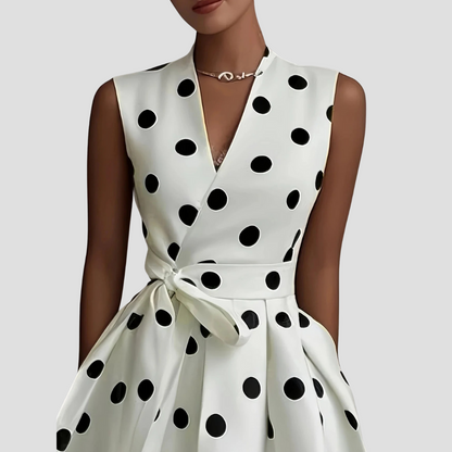 Women’s Polka Dot Midi Dress – Wrap Front, Tie Waist, Sleeveless