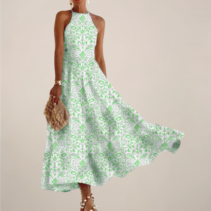 Women’s Printed Halter Neck Maxi Dress – A-Line Flowy Summer Dress