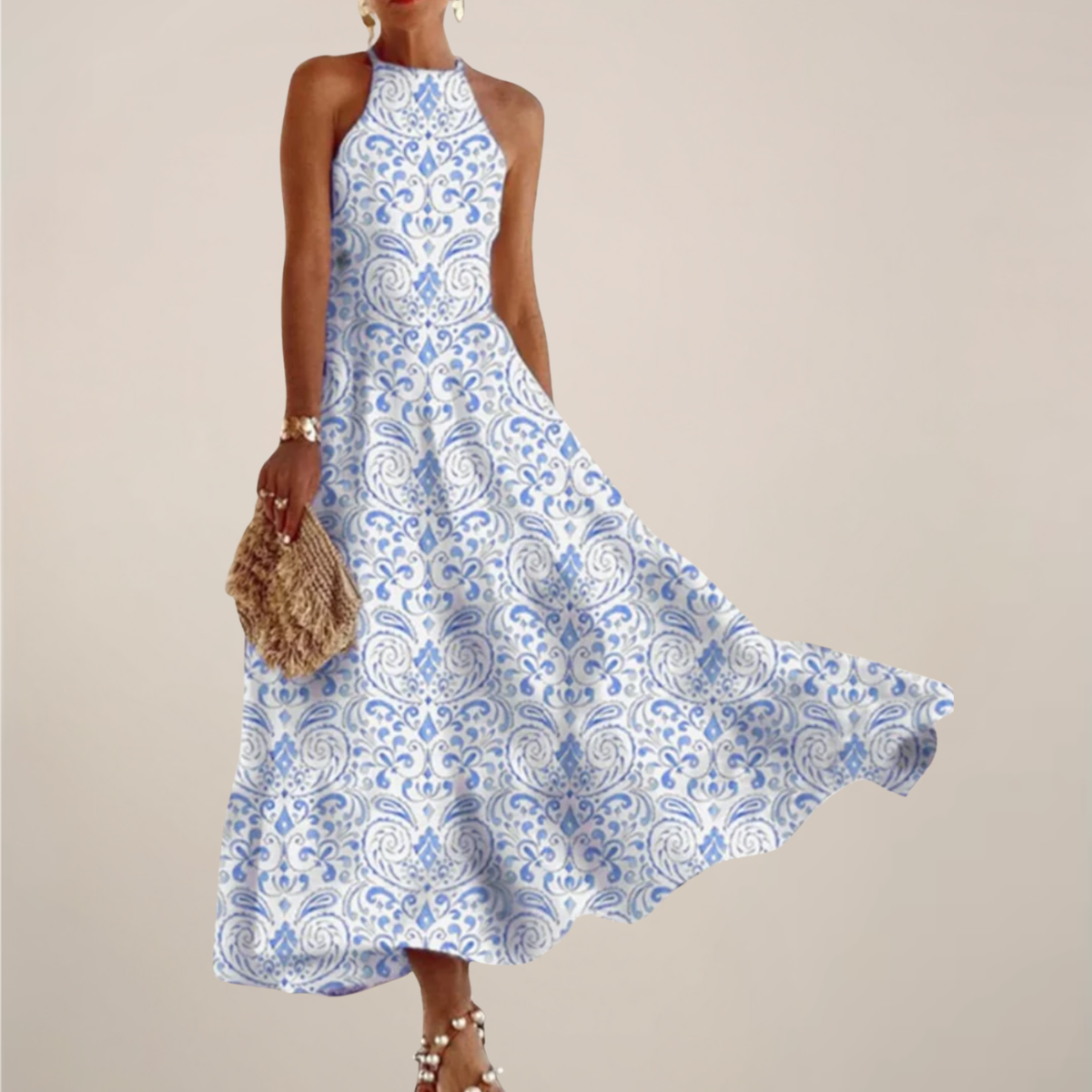 Women’s Printed Halter Neck Maxi Dress – A-Line Flowy Summer Dress