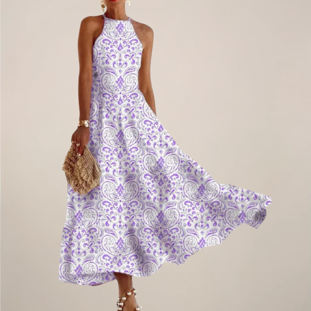 Women’s Printed Halter Neck Maxi Dress – A-Line Flowy Summer Dress
