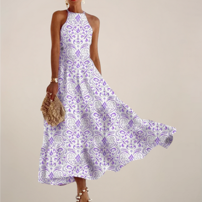 Women’s Printed Halter Neck Maxi Dress – A-Line Flowy Summer Dress