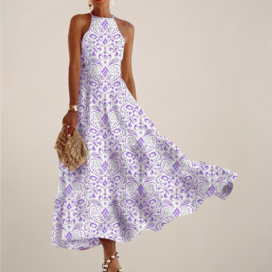 Women’s Printed Halter Neck Maxi Dress – A-Line Flowy Summer Dress