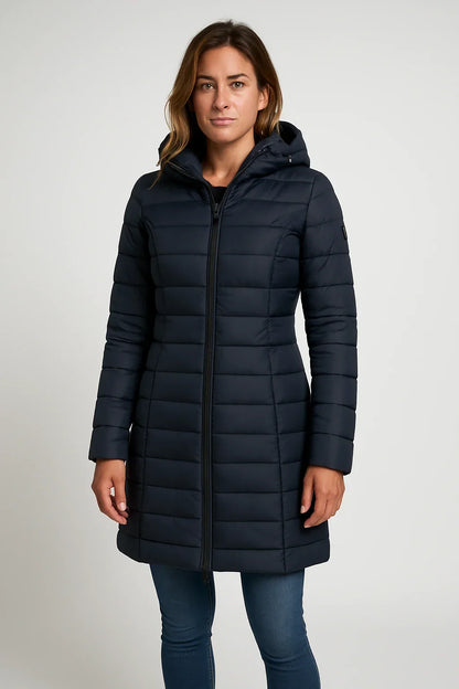 Women’s Quilted Puffer Hooded Coat – Mid-Length Style