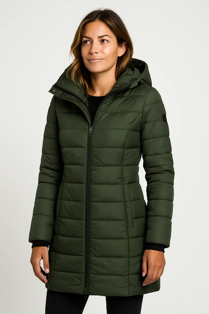 Women’s Quilted Puffer Hooded Coat – Mid-Length Style