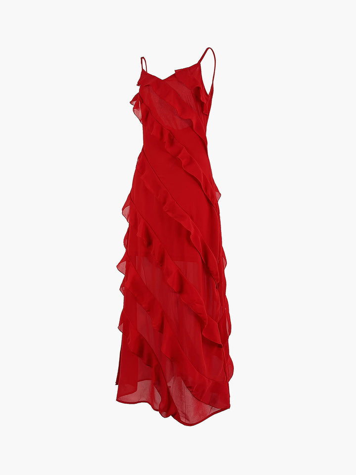 Women’s Red Ruffle Maxi Dress – Elegant Layers with All-Day Grace