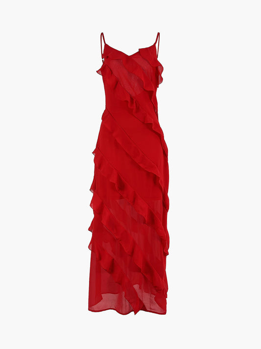 Women’s Red Ruffle Maxi Dress – Elegant Layers with All-Day Grace