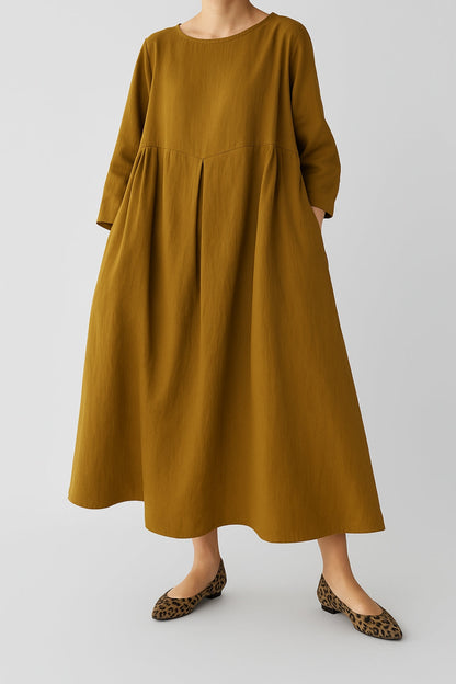 Women’s Relaxed Fit Midi Dress – Wide Silhouette with Front Pleat Detailing and Three-Quarter Sleeves