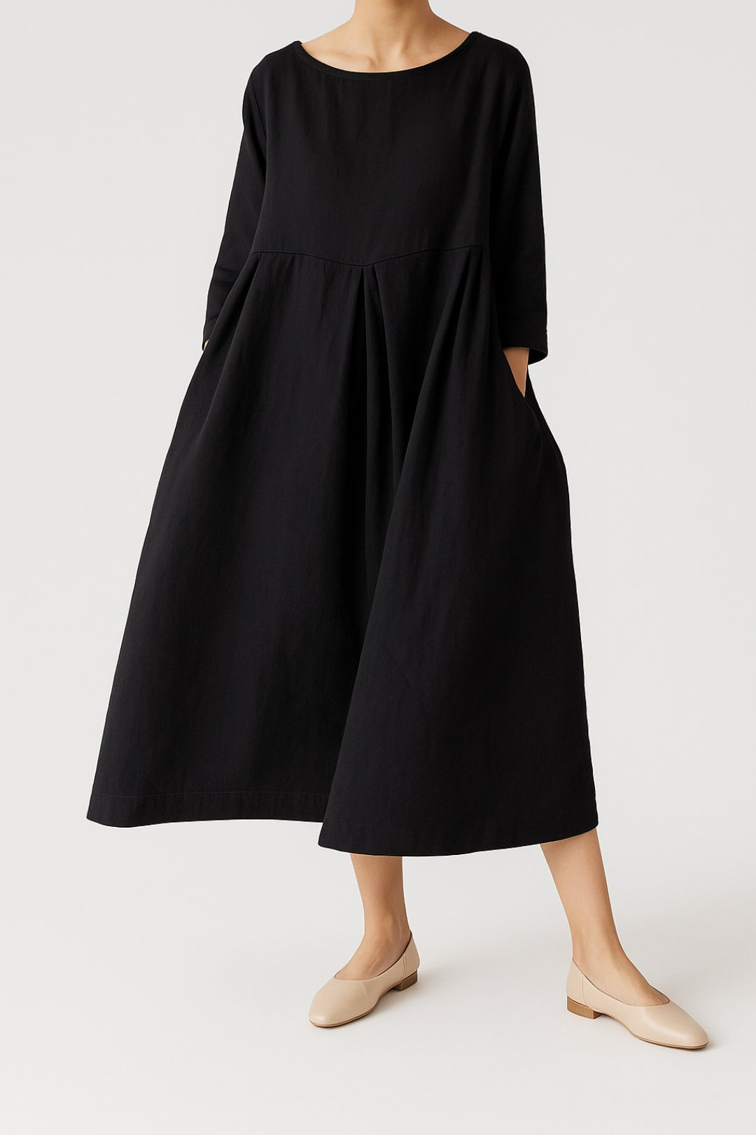 Women’s Relaxed Fit Midi Dress – Wide Silhouette with Front Pleat Detailing and Three-Quarter Sleeves