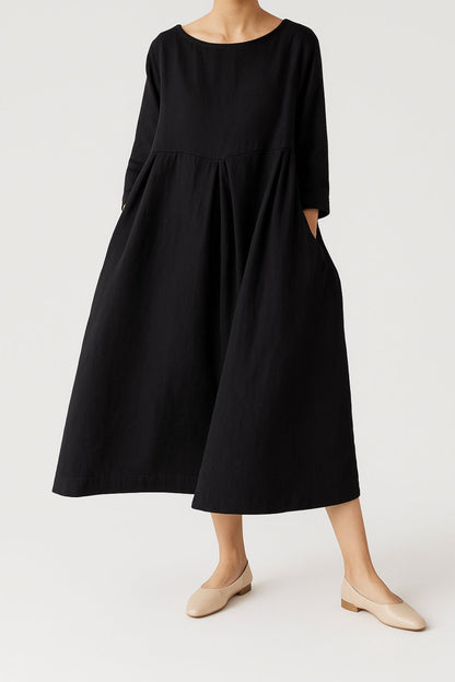 Women’s Relaxed Fit Midi Dress – Wide Silhouette with Front Pleat Detailing and Three-Quarter Sleeves