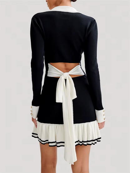 Women’s Mini Knit Dress – Contrast Trim, Collared, Button-Front