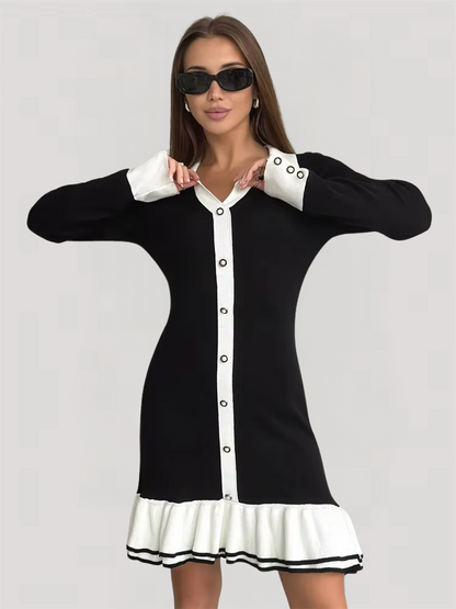 Women’s Mini Knit Dress – Contrast Trim, Collared, Button-Front