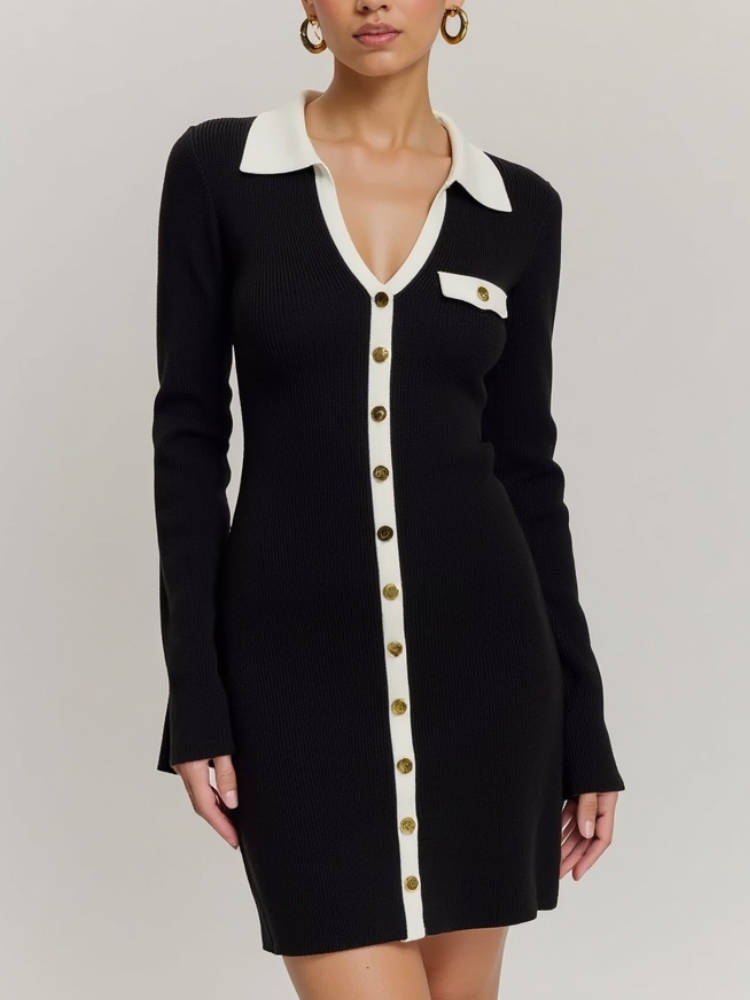 Women’s Mini Knit Dress – Contrast Trim, Collared, Button-Front