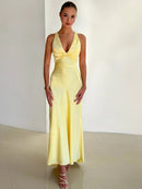 Women’s Satin Halter Neck Maxi Dress – Ruched Backless Evening Gown