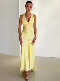 Women’s Satin Halter Neck Maxi Dress – Ruched Backless Evening Gown