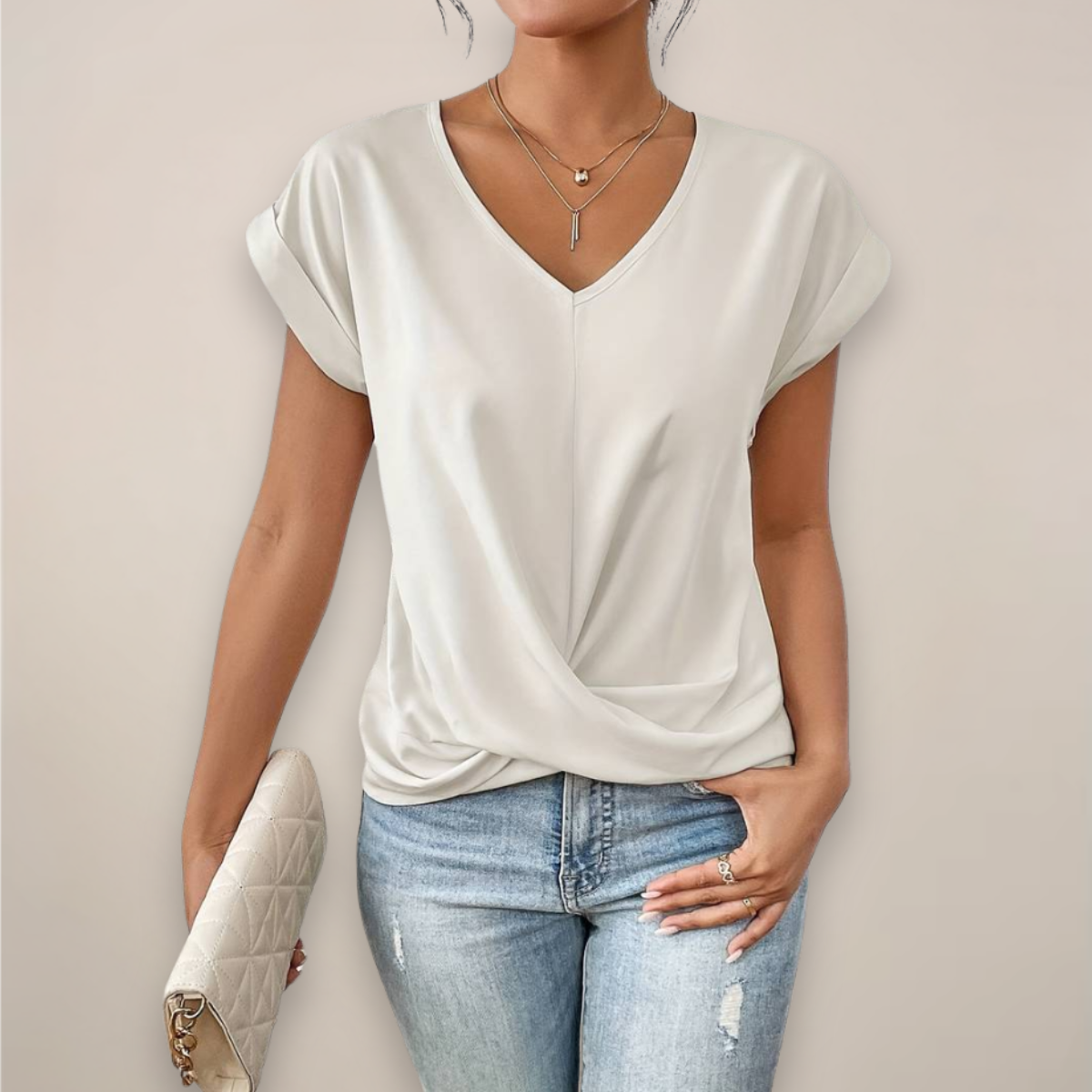 Women’s Short Sleeve Twist Front Top – V-Neck – Spring, Summer