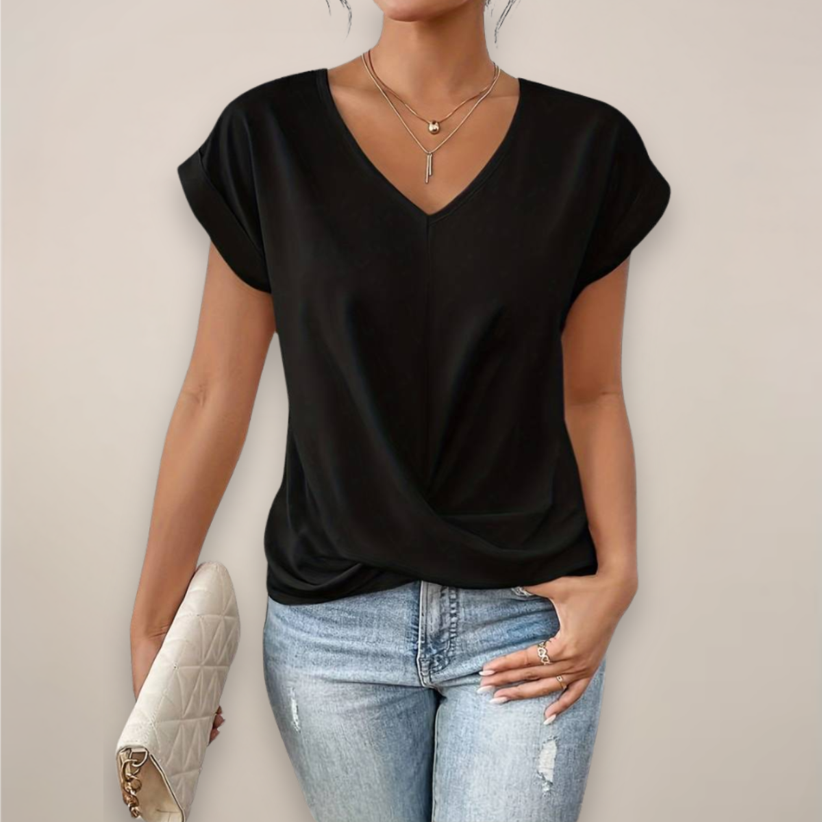Women’s Short Sleeve Twist Front Top – V-Neck – Spring, Summer