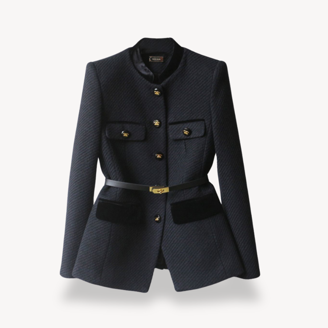 Women's Tailored Belted Blazer – Velvet Detail & Gold-Tone Finish