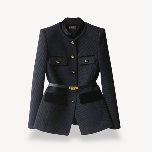 Women's Tailored Belted Blazer – Velvet Detail & Gold-Tone Finish