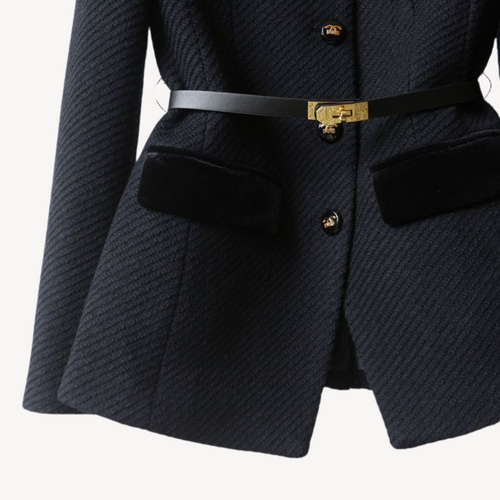 Women's Tailored Belted Blazer – Velvet Detail & Gold-Tone Finish