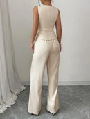 Women's Tailored Wide-Leg Cream Trouser Set – Elegant Waistcoat Cut