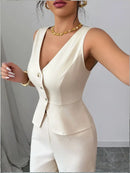 Women's Tailored Wide-Leg Cream Trouser Set – Elegant Waistcoat Cut