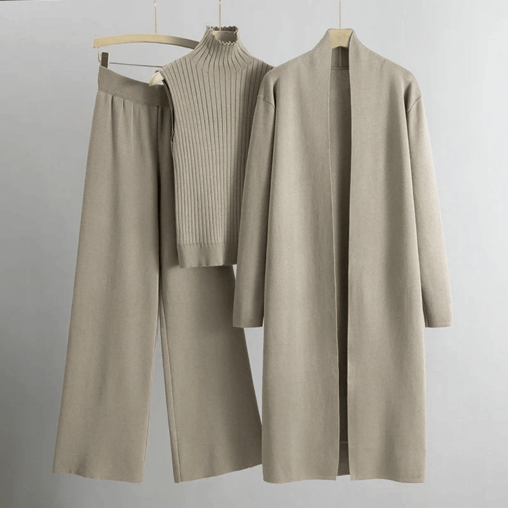 Women’s Three-Piece Lounge Set – Ribbed Knit Top, Wide-Leg Trousers & Longline Cardigan