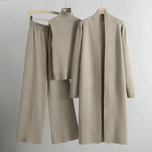 Women’s Three-Piece Lounge Set – Ribbed Knit Top, Wide-Leg Trousers & Longline Cardigan