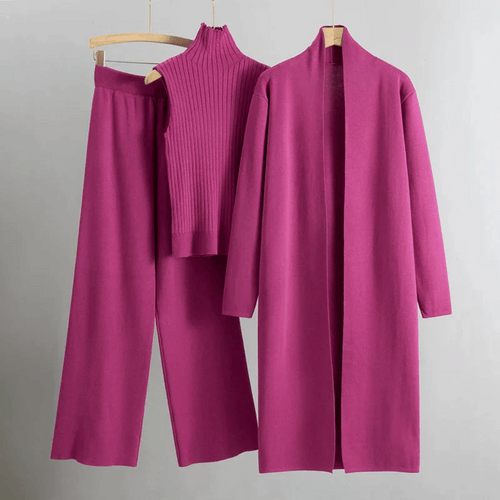 Women’s Three-Piece Lounge Set – Ribbed Knit Top, Wide-Leg Trousers & Longline Cardigan