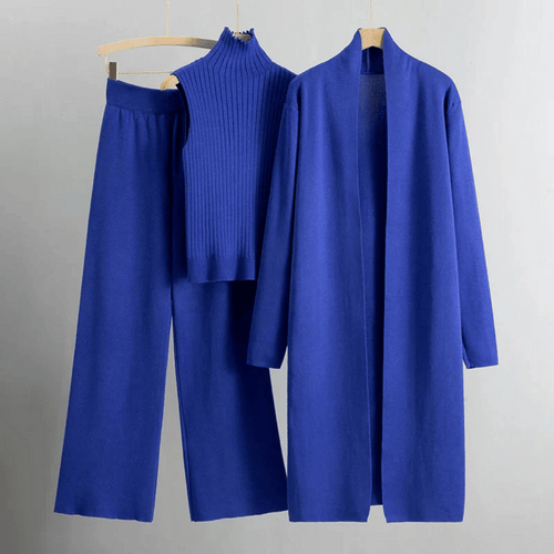Women’s Three-Piece Lounge Set – Ribbed Knit Top, Wide-Leg Trousers & Longline Cardigan
