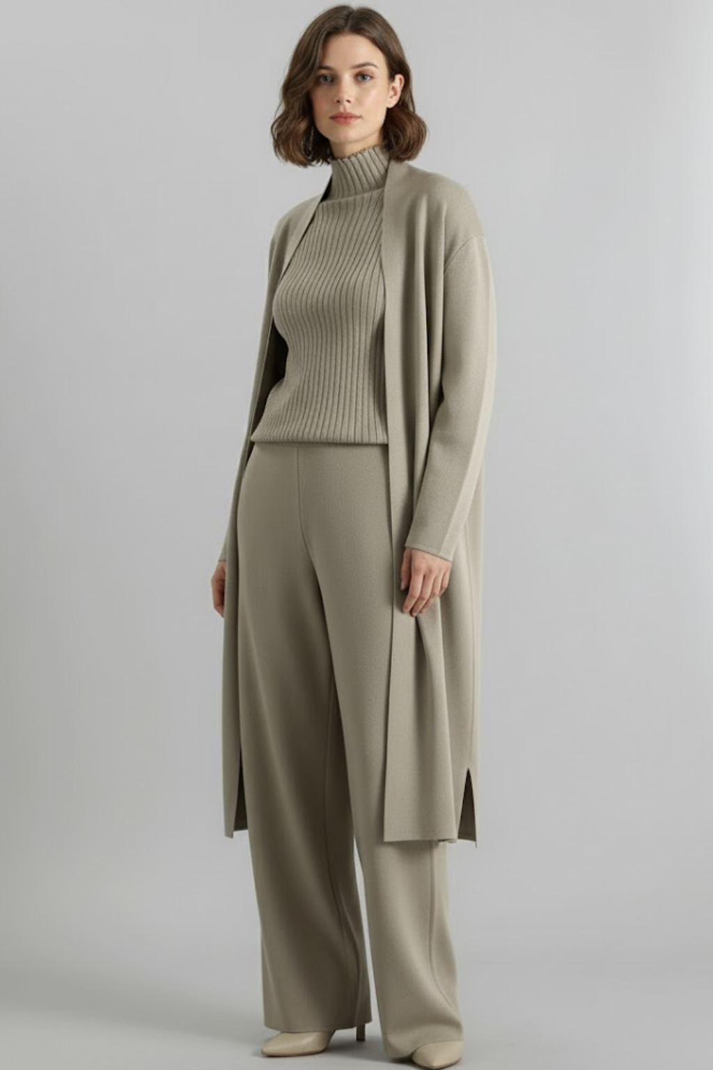Women’s Three-Piece Lounge Set – Ribbed Knit Top, Wide-Leg Trousers & Longline Cardigan