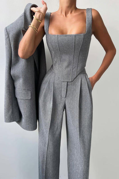 Women’s Three-Piece Trouser Suit – Double-Breasted Blazer, Corset Top, Wide-Leg