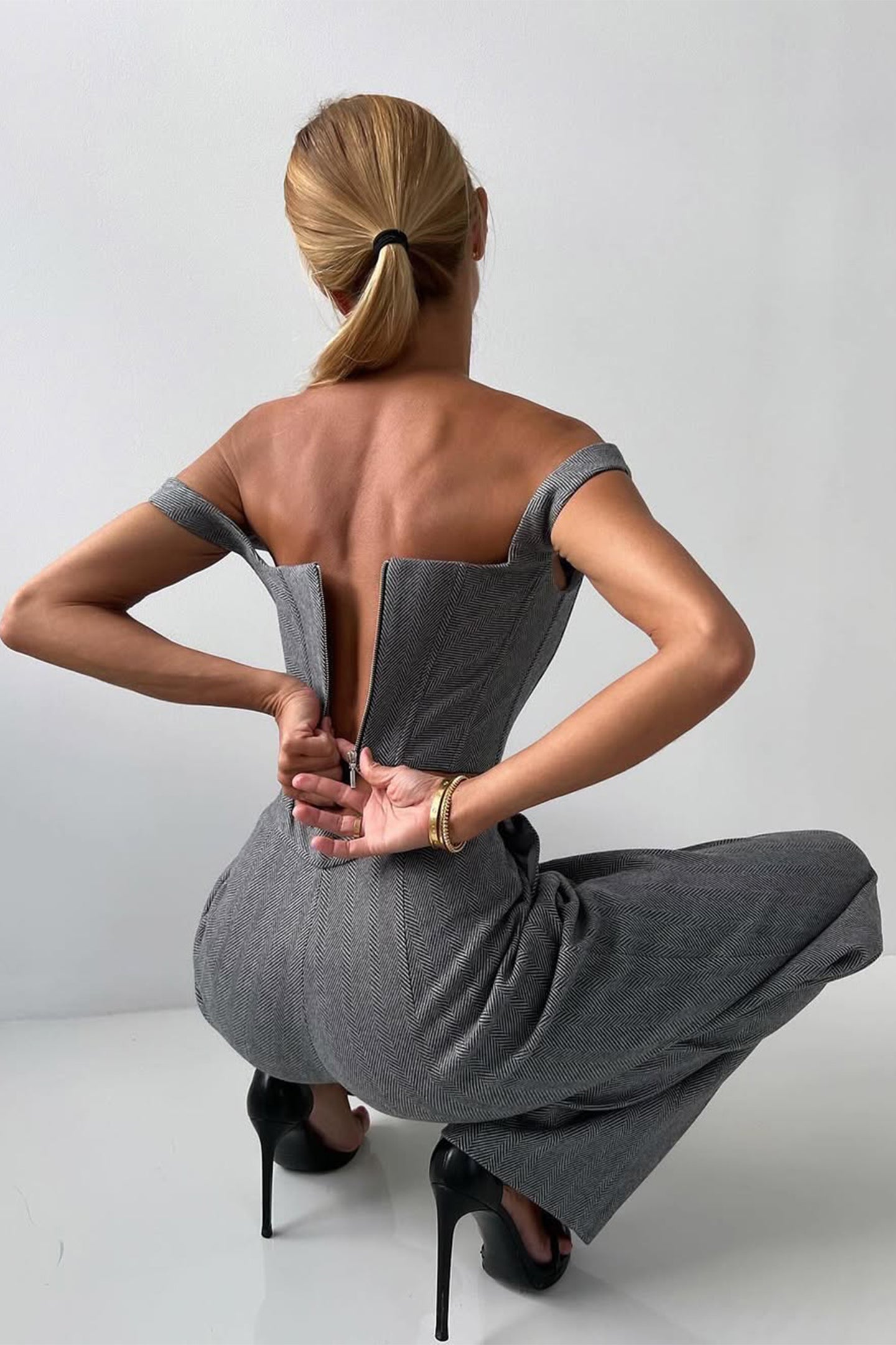 Women’s Three-Piece Trouser Suit – Double-Breasted Blazer, Corset Top, Wide-Leg