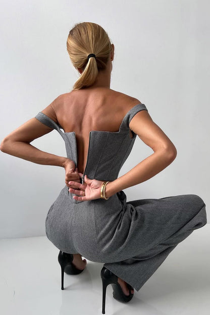 Women’s Three-Piece Trouser Suit – Double-Breasted Blazer, Corset Top, Wide-Leg