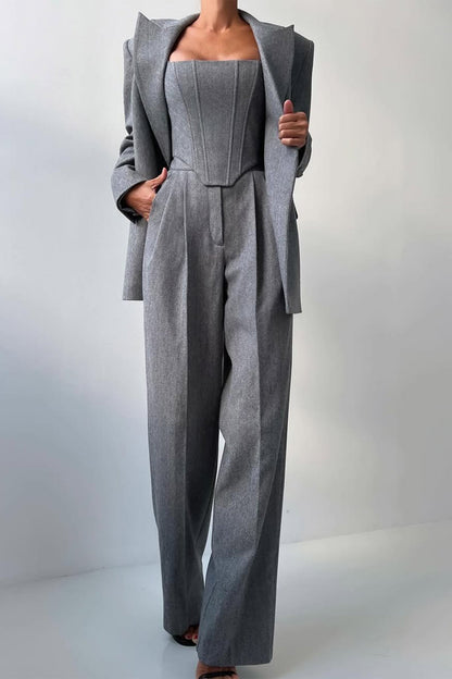 Women’s Three-Piece Trouser Suit – Double-Breasted Blazer, Corset Top, Wide-Leg