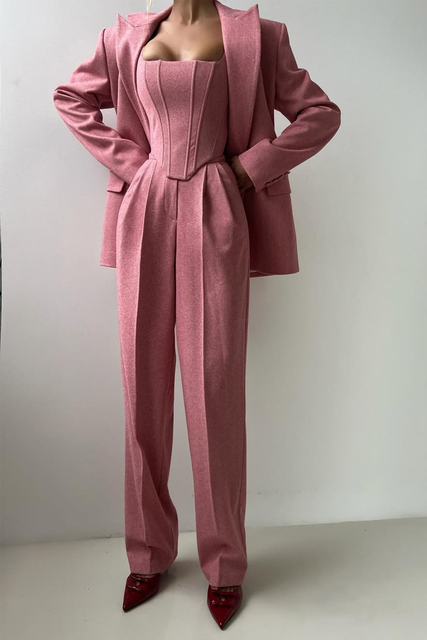 Women’s Three-Piece Trouser Suit – Double-Breasted Blazer, Corset Top, Wide-Leg