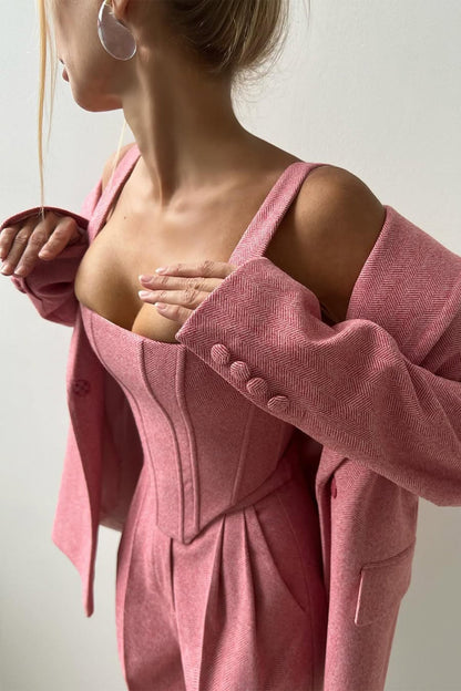 Women’s Three-Piece Trouser Suit – Double-Breasted Blazer, Corset Top, Wide-Leg