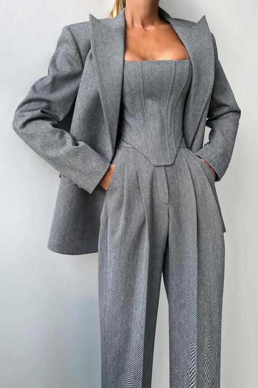 Women’s Three-Piece Trouser Suit – Double-Breasted Blazer, Corset Top, Wide-Leg
