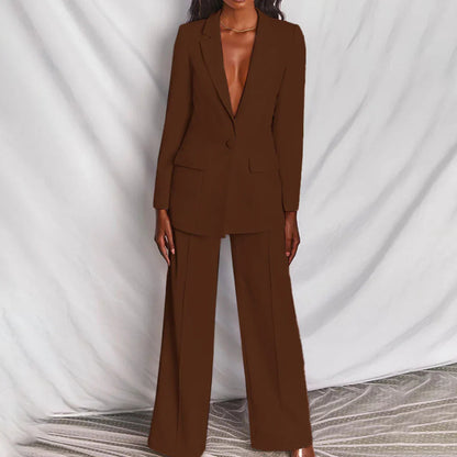 Women’s Trouser Suit – Longline Blazer, Tailored Wide-Leg