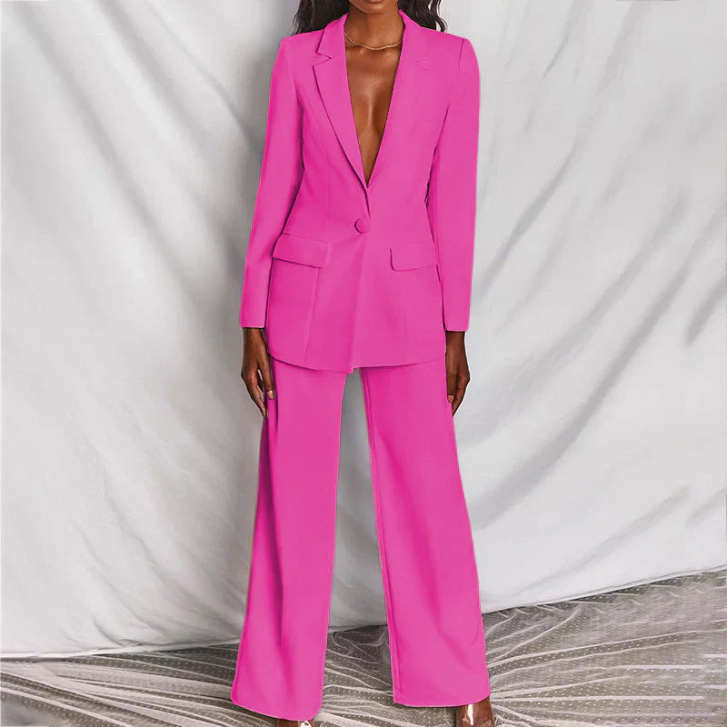 Women’s Trouser Suit – Longline Blazer, Tailored Wide-Leg