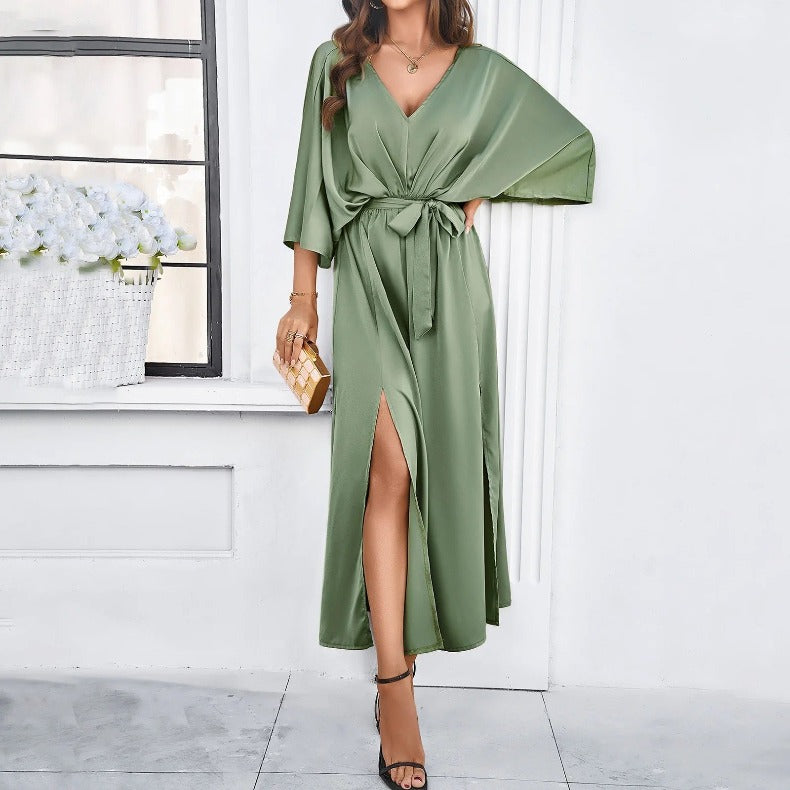 Women’s V-Neck Maxi Dress – Tie-Waist Kimono Sleeve with High Slit