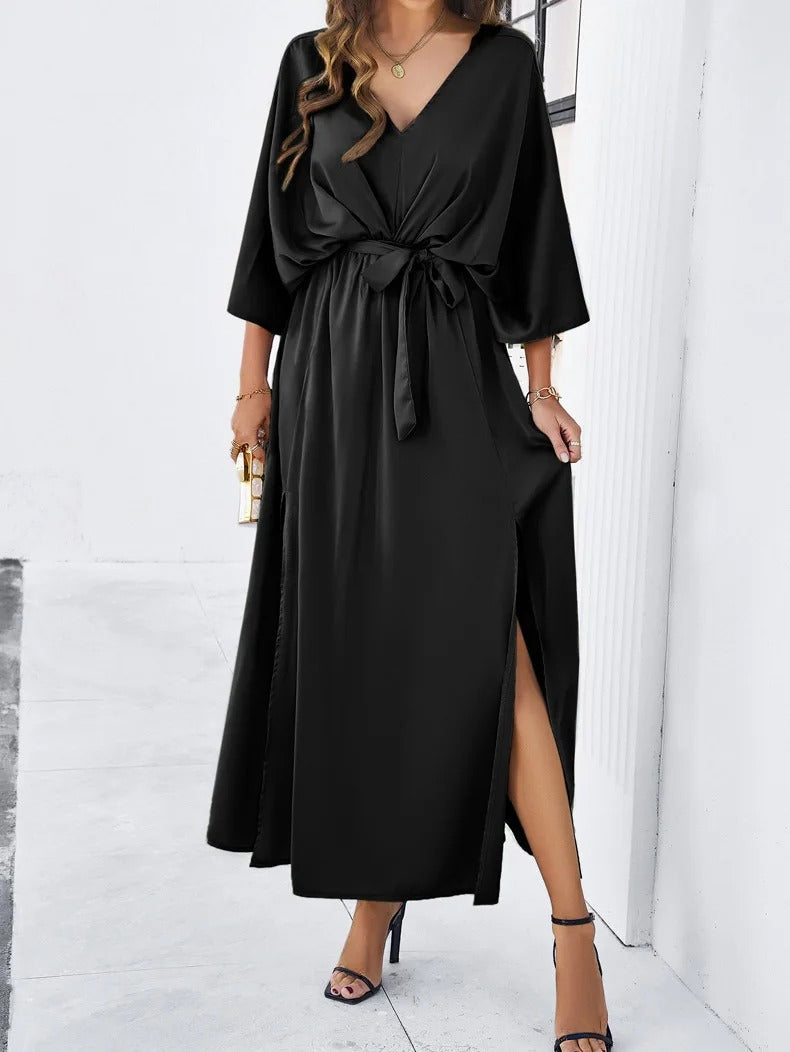Women’s V-Neck Maxi Dress – Tie-Waist Kimono Sleeve with High Slit