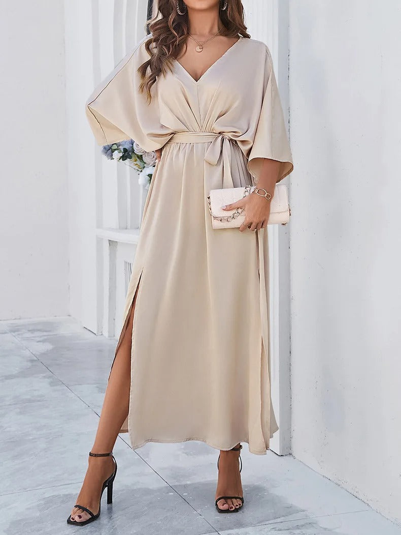 Women’s V-Neck Maxi Dress – Tie-Waist Kimono Sleeve with High Slit