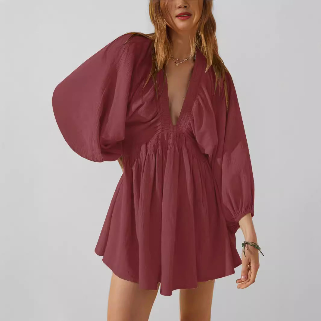 Women’s V-Neck Mini Dress – Long Sleeve – Relaxed Fit