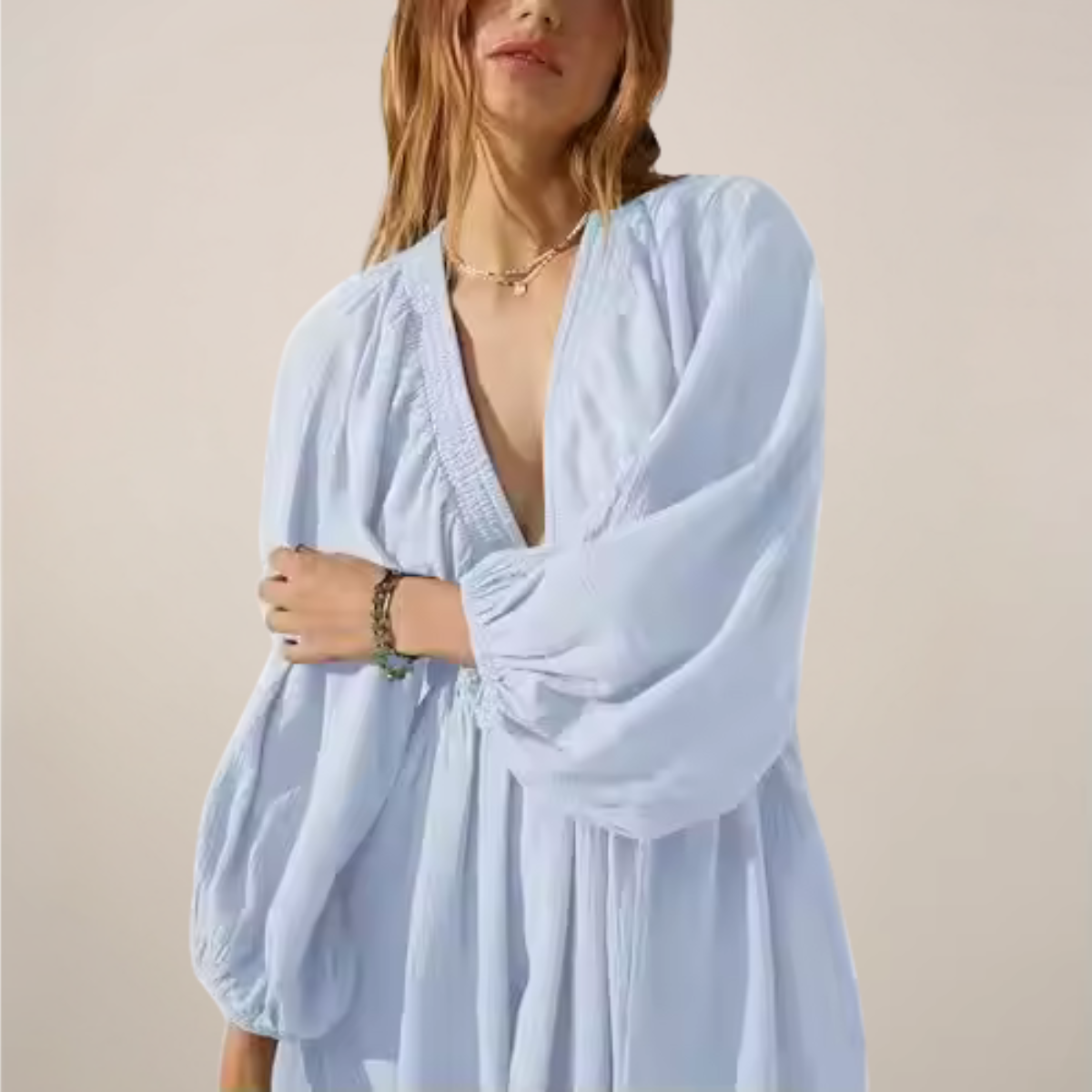 Women’s V-Neck Mini Dress – Long Sleeve – Relaxed Fit