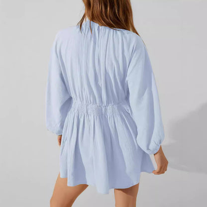 Women’s V-Neck Mini Dress – Long Sleeve – Relaxed Fit