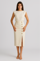 Women’s White Midi Dress – Elegant Fit – Button Detail – Side Slit